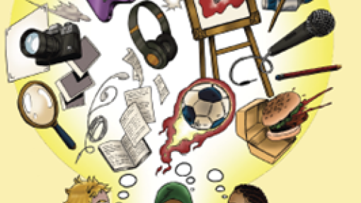 A graphic image of people sitting at a desk with lots of images of ideas above them