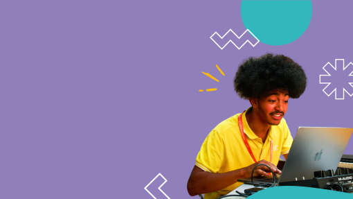 A purple banner with an image of a young person using a computer