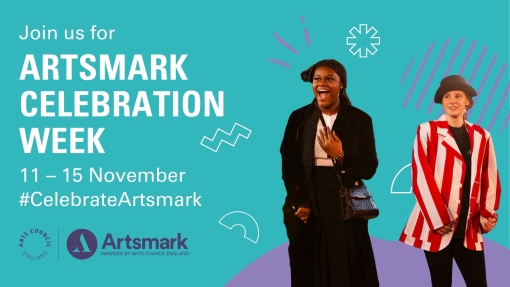 A turquoise card with an image of two people performing on the right.