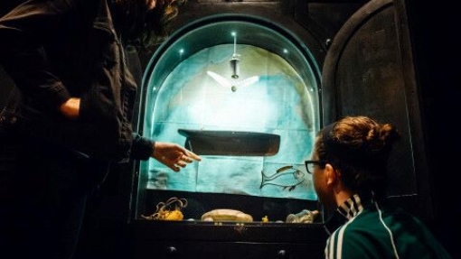 Two people are viewing a display case filled with various objects. One person stands and points at an item, while the other kneels to observe closely. The case has a curved top with internal lighting, showcasing items like a boat model, shells, and other small artifacts against a blue-green illuminated background.
