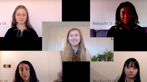 A screenshot of a video conference with five students, each in a separate frame arranged in a grid. The students' faces are blurred. Visible names and year levels include Katie (Year 13), Belicia (Year 11), Salma (Year 10), and Mei Ying (Year 12). The central frame shows another student without a visible name or year level.