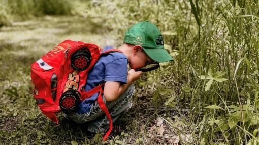 Young child wearing a green cap, blue shirt, and jeans crouches on a grassy path, examining the ground with a magnifying glass. The child has a red Lightning McQueen backpack. Tall green plants and trees are in the background.