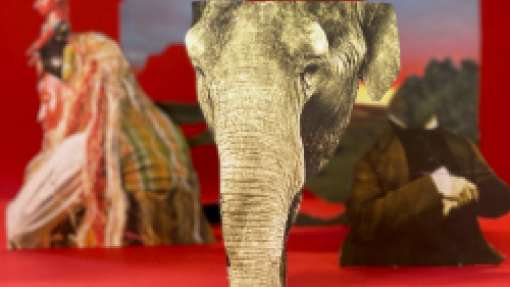 Collage featuring a central cutout of an elephant's face on a red background, with a person in colorful traditional clothing on the left and another person in dark clothing partially obscured by foliage on the right, set against abstract red and blue shapes.