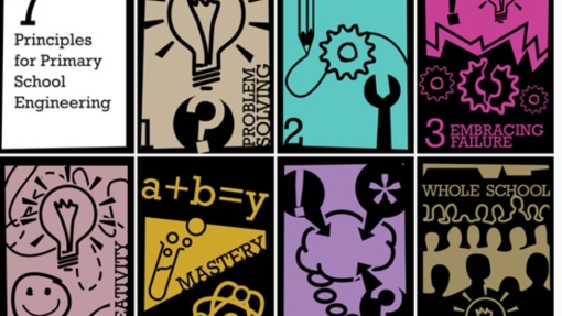 Colorful infographic titled '7 Principles for Primary School Engineering,' divided into seven illustrated sections: Problem Solving, Taking Ownership, Embracing Failure, Curiosity & Creativity, Mastery, Personal Capabilities, and Whole School.