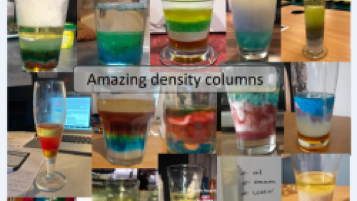 Collage of twelve clear glasses showing colorful density column experiments with layered liquids in red, green, blue, yellow, brown, and clear. Some glasses contain beads or fruit pieces suspended at different levels. Central image includes the text 'Amazing density columns.