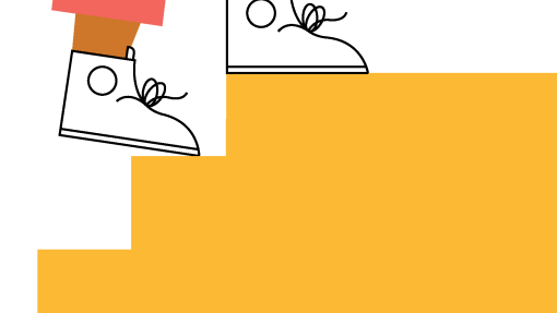 A pair of legs wearing pink trousers and tennis shoes walking up three steps.