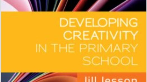 Book cover of 'Developing Creativity in the Primary School' by Jill Jesson. The design features abstract, colorful, curved lines and shapes on the background. The title appears in bold white text on an orange rectangular block centered on the cover. The author's name is displayed in smaller white text on a separate orange rectangle in the bottom right corner.