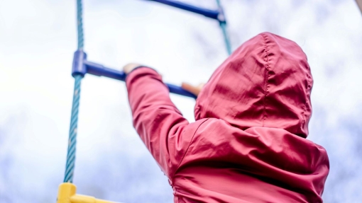 A child in a red hooded jacket climbs a rope ladder, viewed from behind and slightly below. The child reaches up to grasp blue rungs, with a blurred background of trees and sky.