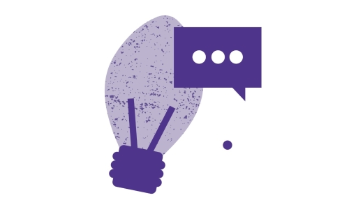 Purple illustration of an oval lightbulb with a speech bubble