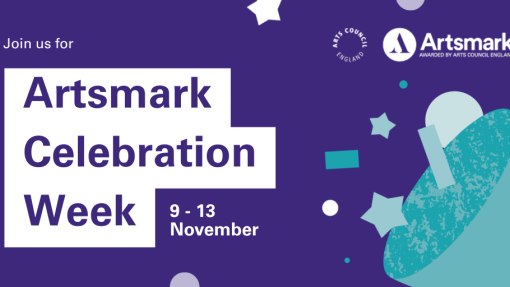 A purple image with celebration graphics on it.