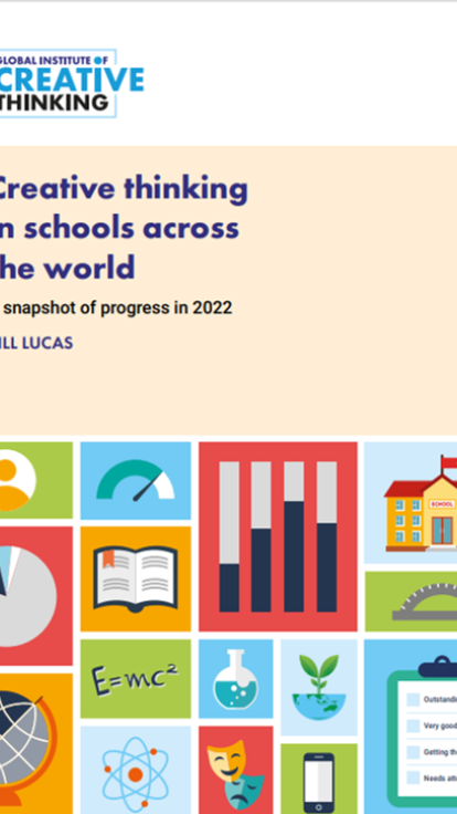Report cover titled 'Creative thinking in schools across the world: A snapshot of progress in 2022' by Bill Lucas, with icons representing education and creativity.