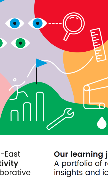 Illustration titled 'Our learning journey – A portfolio of reflections, insights and ideas' from the North-East Creativity Collaborative. Features colorful icons including a sun, plant, question mark, eyes, magnifying glass, ruler, flag on a hill, wrench, water droplet, gear with arm, puzzle pieces, and hot air balloons. The logo on the left shows five colored segments, each with an icon.