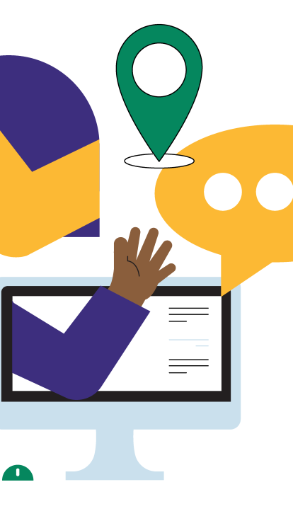 A colourful illustration of a monitor and speech bubbles with two hands waving.