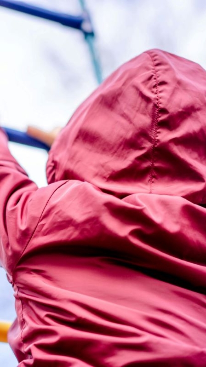 A child in a red hooded jacket climbs a rope ladder, viewed from behind and slightly below. The child reaches up to grasp blue rungs, with a blurred background of trees and sky.
