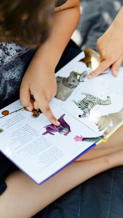 Two children sitting on a gray blanket outdoors, each reading a picture book with colorful animal illustrations. One child wears a dark shirt, the other a yellow outfit, and both are pointing at images in their books