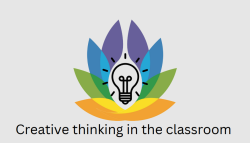 A stylized light bulb icon is centered within overlapping petal shapes in purple, blue, green, and yellow. Below the graphic, the text reads 'Creative thinking in the classroom