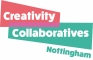 Graphic with the text 'Creativity Collaboratives Nottingham.' 'Creativity' appears in bold white letters on a red background, 'Collaboratives' on a teal background, and 'Nottingham' slightly tilted on a separate teal background below.