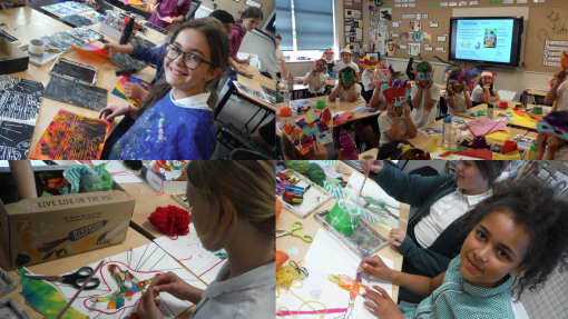 Four images of children smiling and painting