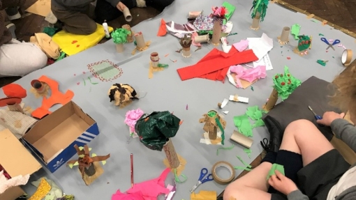 Making trees from recycled materials at the Big Draw 