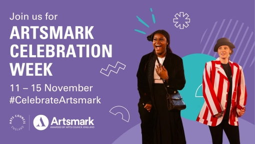 A purple card with an image of two people performing on the right. 