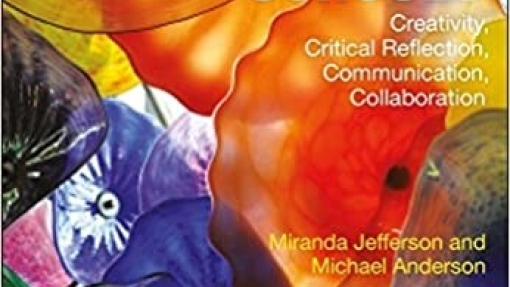 Book cover of 'Transforming Schools' by Miranda Jefferson and Michael Anderson. The background features an abstract design with overlapping translucent shapes in orange, yellow, red, blue, and purple. The title appears in large white capital letters at the top, with the words 'Creativity, Critical Reflection, Communication, Collaboration' in smaller white text below