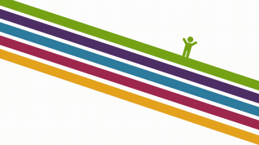 Diagonal lines in green, purple, blue, red, and yellow run from top left to bottom right. A small green stick figure with raised arms appears near the top right corner.