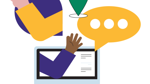 A colourful illustration of a monitor and speech bubbles with two hands waving.