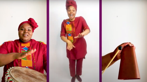 Three-panel image showing a person in a red outfit with colorful patterns: playing a drum on the left, dancing in the center, and striking a cowbell with a stick on the right.