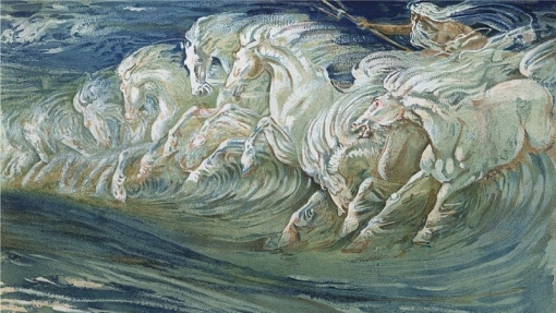 Painting of white horses galloping through ocean waves, with their manes and tails blending into the swirling blue and green water, creating a surreal and powerful seascape.