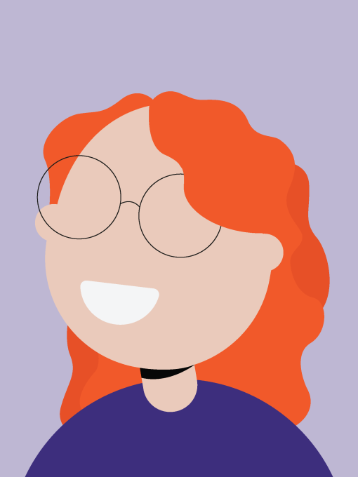 An avatar of a woman with red hair and glasses.