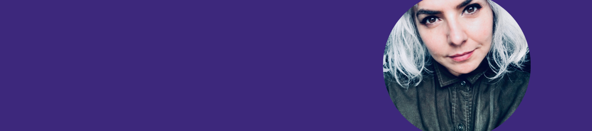 A purple banner with an image of a white female with blond hair on the right.