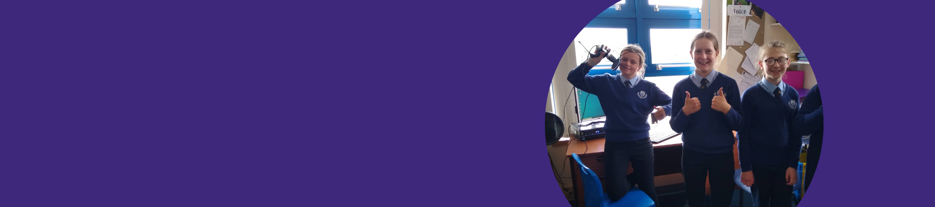 Purple banner with a group of students on the right smiling and holding up podcast equipment