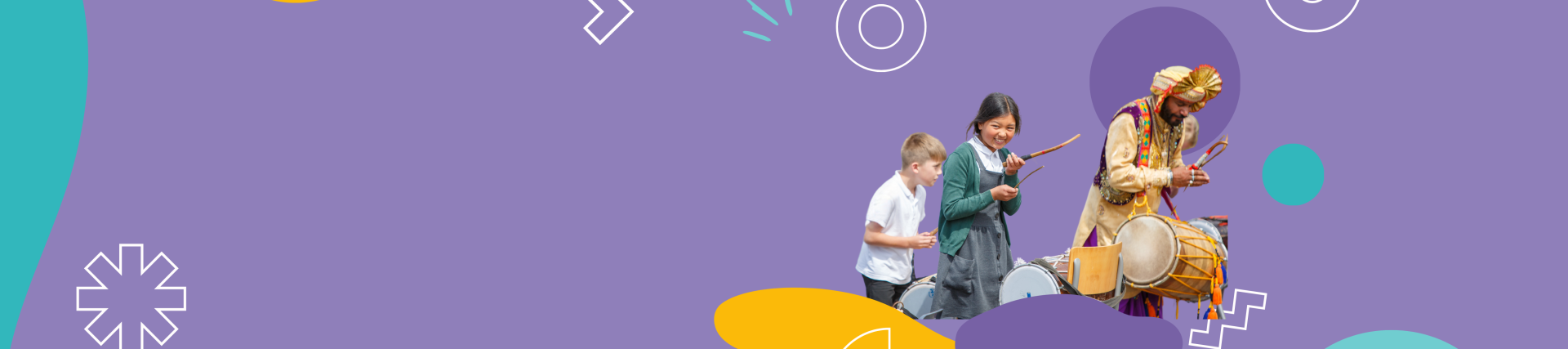 A purple banner with an image of a dhol drummer leading a group of young people.