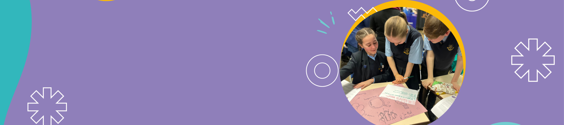 Purple banner with a group of young people looking at some large pieces of paper on a table. 