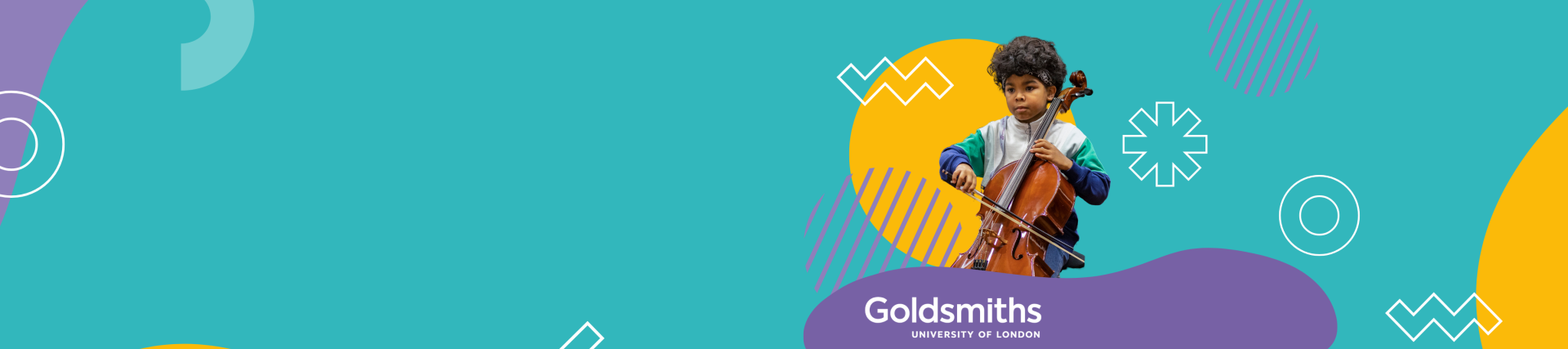Turquoise banner with a photo of a young person playing cello