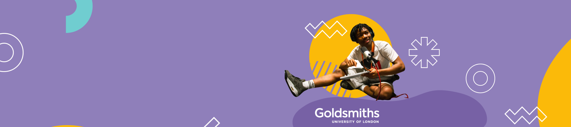 A purple banner with a young person sat on the floor with a microphone in front of them.