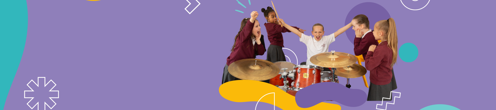 A purple banner with a group of young people raising their arms, the person at the forefront is on the drums and raising her drum sticks in the air.