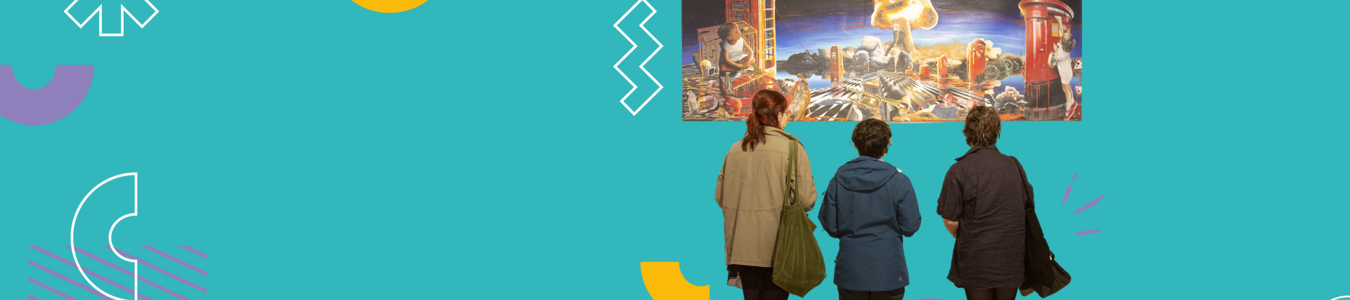A turquoise banner with an image of people looking at a piece of art work on the wall, their backs facing the camera.