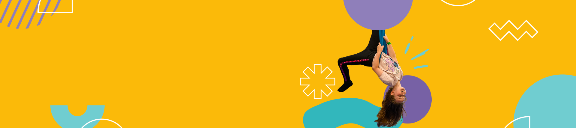 A yellow banner with a photo of a person hanging upside down as though they are dancing..