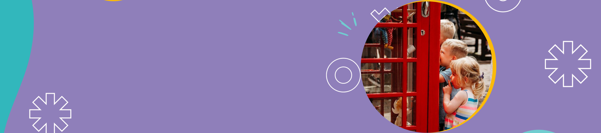 A purple banner with an image of children looking into a red telephone box.