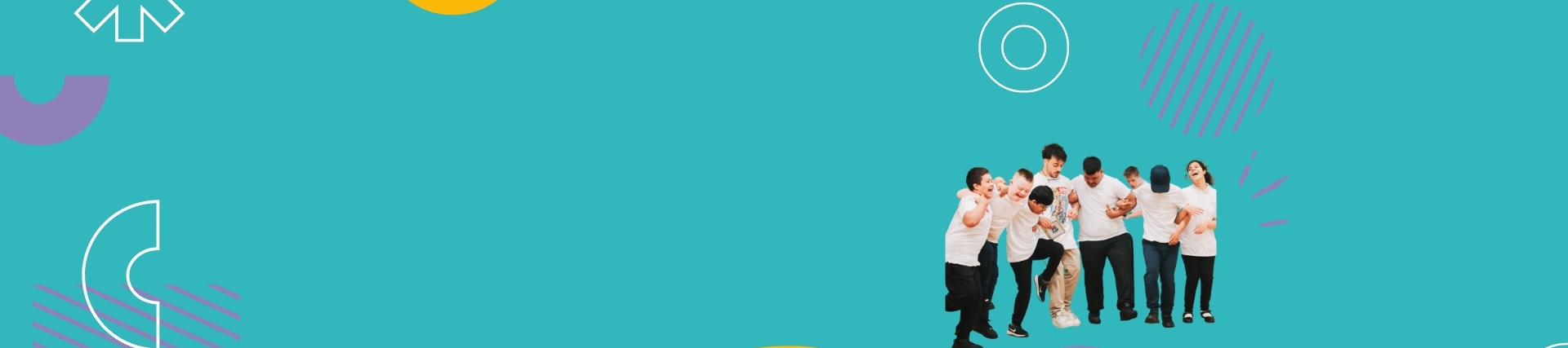 Turquoise banner with an image on the right of a group of students dancing