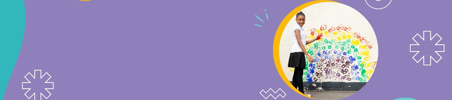 A purple banner with a girl on the right standing in front of a wall mural of a rainbow made out of hands