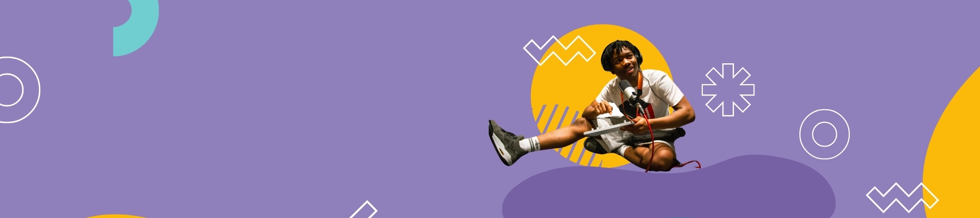 A purple banner with a young person sitting with a laptop in hand and a microphone in front of them.