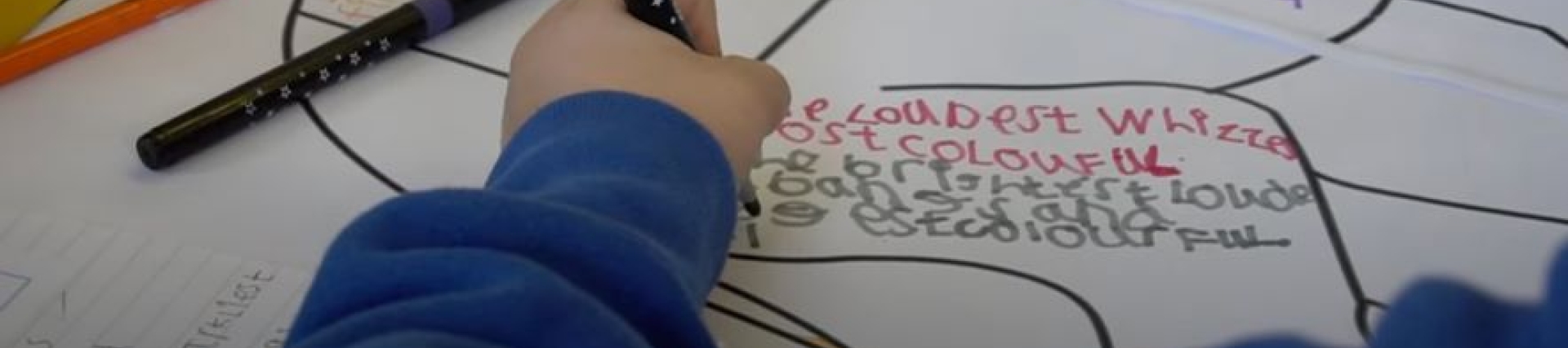 A child in a blue sweater writes on a large sheet of paper divided into sections by black lines. Using a black pen with white stars, the child writes colorful words such as 'loudest whizzes,' 'most colorful,' and 'brightest.' The table also holds an orange pen, a black pen with purple accents, notebooks, and a yellow container labeled 'ypo.'