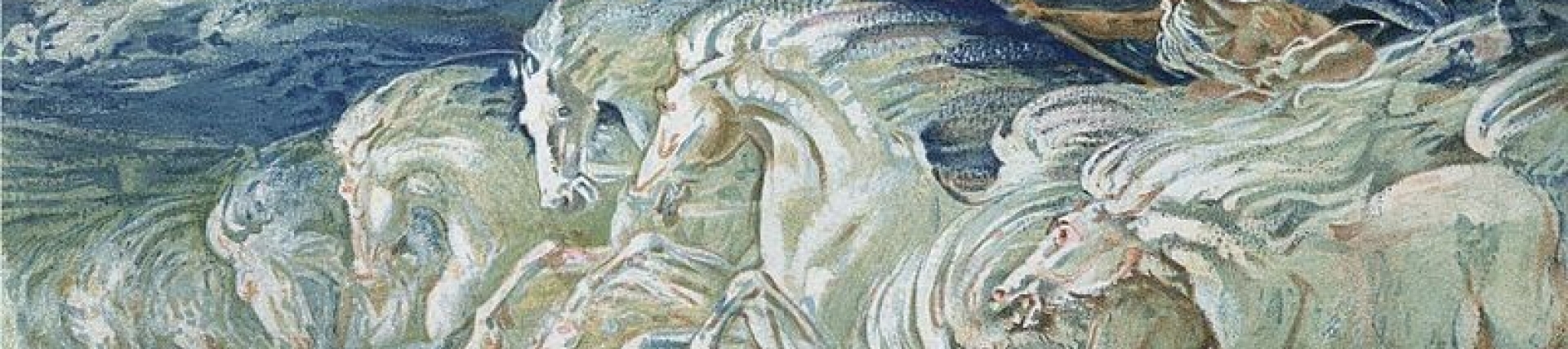 Painting of white horses galloping through ocean waves, with their manes and tails blending into the swirling blue and green water, creating a surreal and powerful seascape.