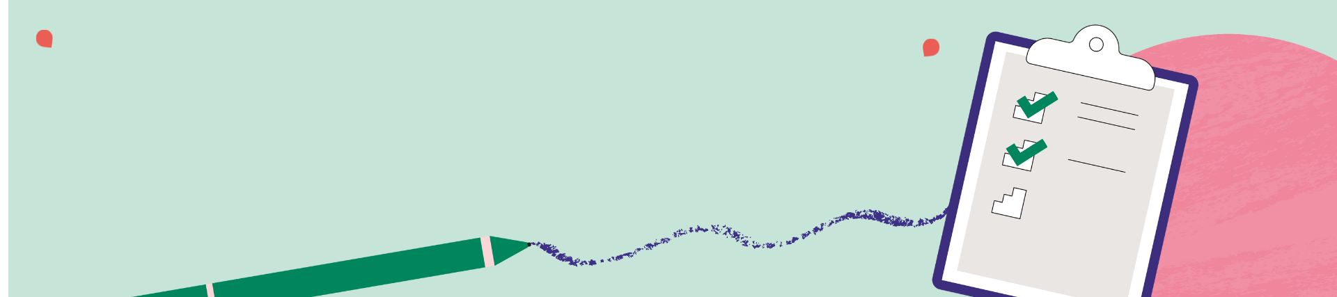 Green pen drawing a blue line next to a clipboard with checkboxes