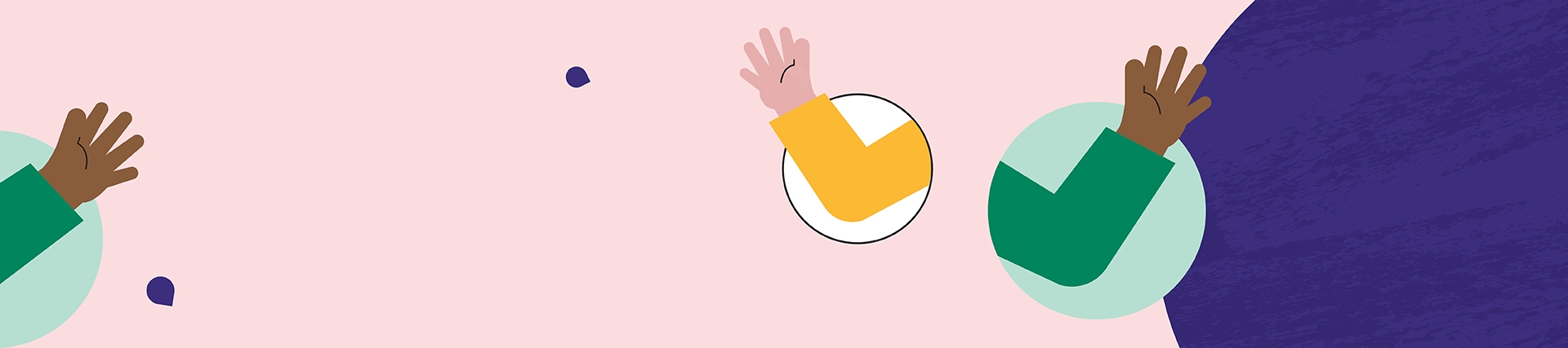 Minimalist abstract illustration of three raised hands with different skin tones and clothing colors, set against a light pink background with dark blue shapes and circular elements.