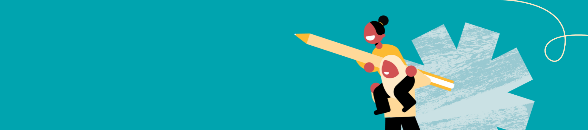 A turquoise banner with an illustration of a woman holding up an oversized pencil 