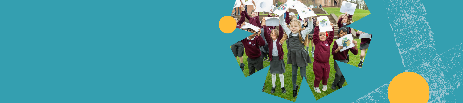 A turquoise banner with an image of young people jumping up holding drawings in their hand. They are outside.