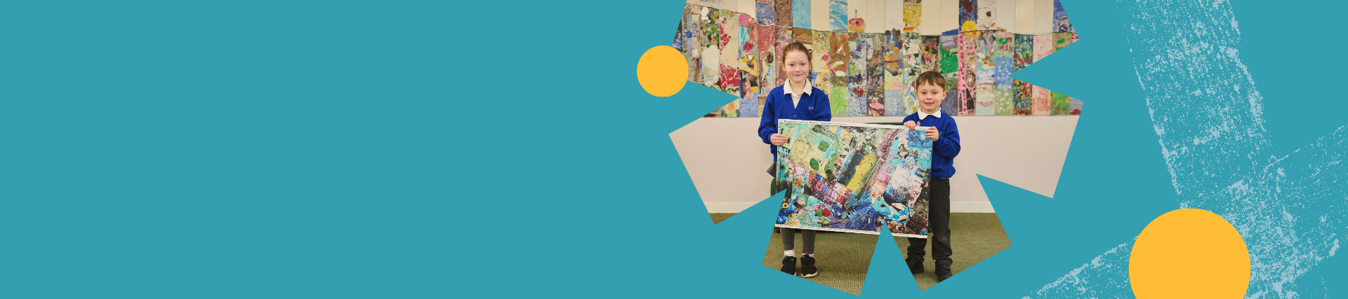 Website banner in teal with abstract shapes and decorative elements with an image on the right of two young pupils holding up a piece of abstract art work. 